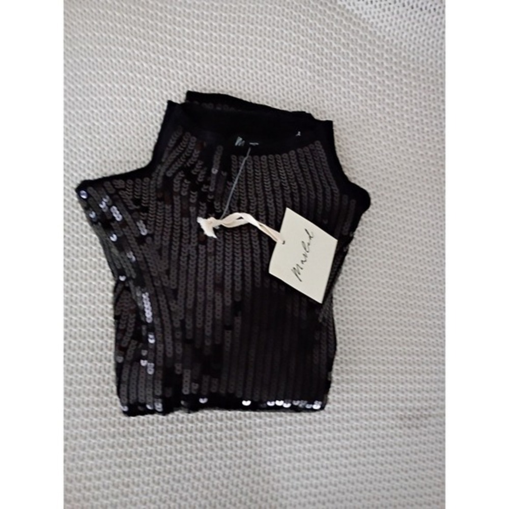NWT Sequin Cropped Mock Neck Sweater‎ Black Marled Party Knit Fits S - Picture 7 of 8